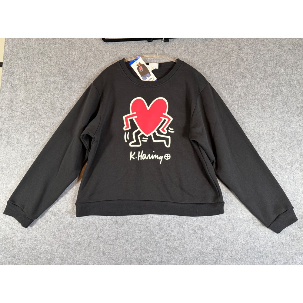 Keith Haring Sweatshirt Women Large Black New Heart Graphic Crewneck Pop Art